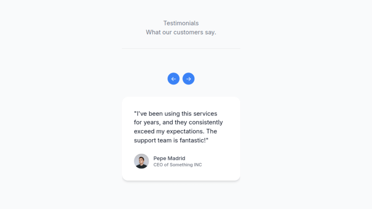 DocsAllOver - Responsive Tailwind CSS testimonial slider, build testimonial slider with Tailwind, Tailwind CSS carousel for testimonials, create a dynamic testimonial section, implement responsive cus