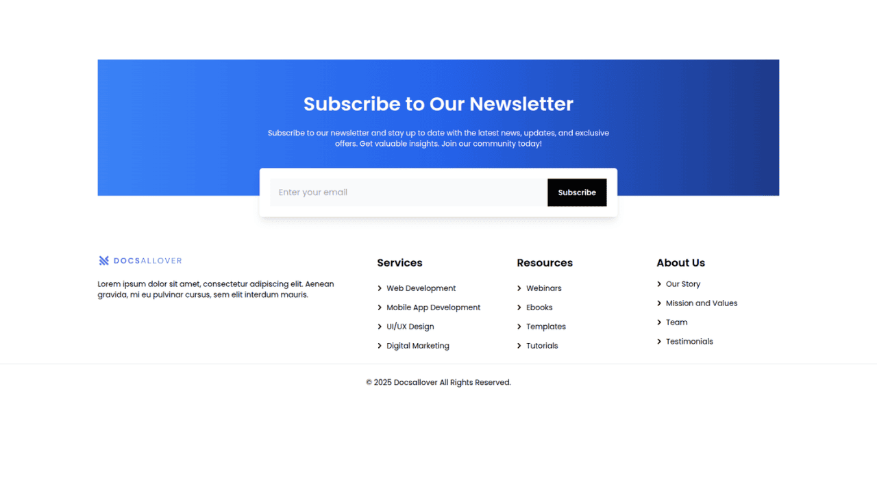 DocsAllOver - Tailwind CSS Subscribe Container with Integrated Footer