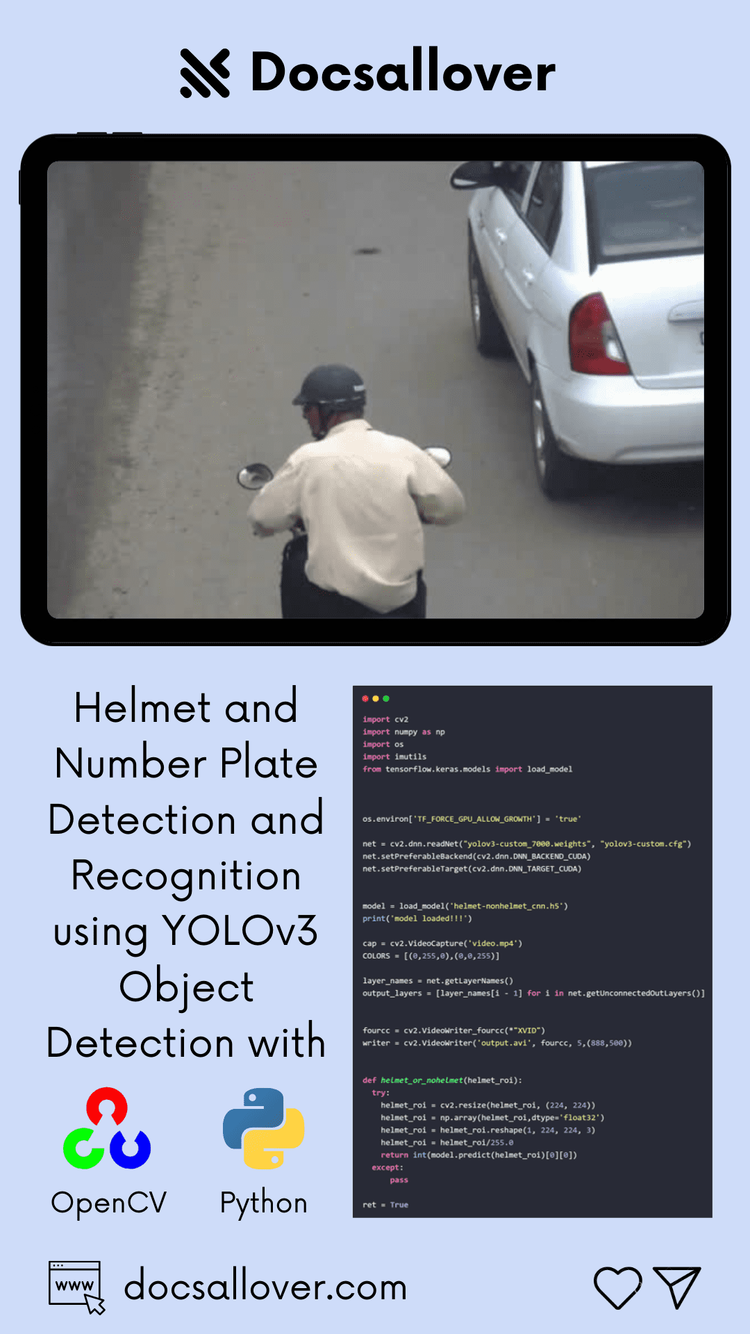 DocsAllOver - Helmet and Number Plate Detection using YOLOv3 with OpenCV and Python