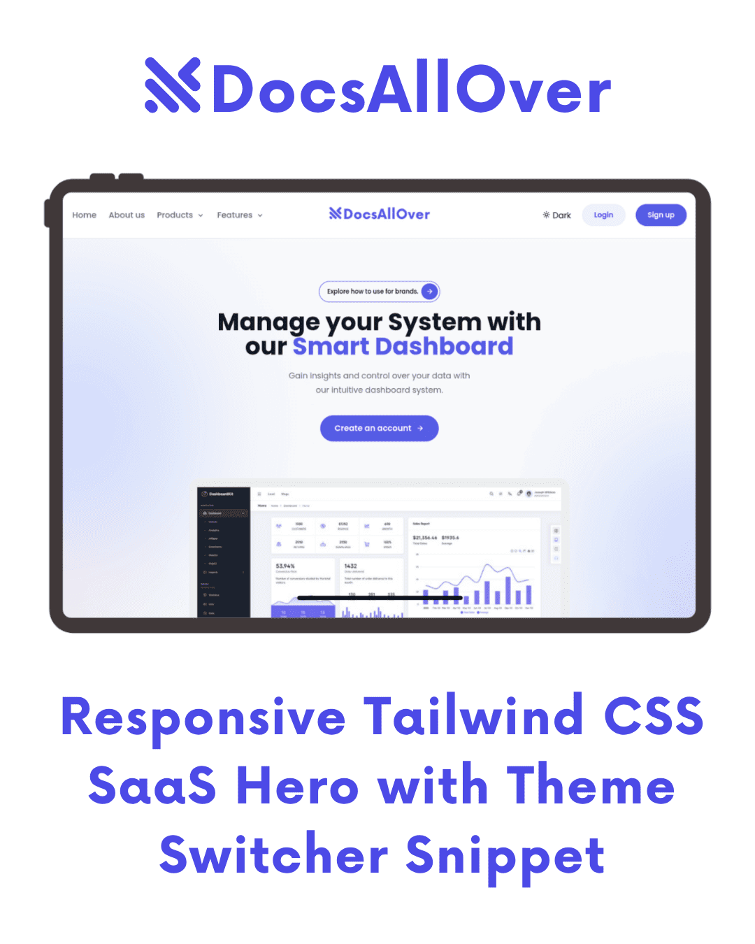 DocsAllOver - Responsive Tailwind CSS SaaS Hero with Theme Switcher Snippet